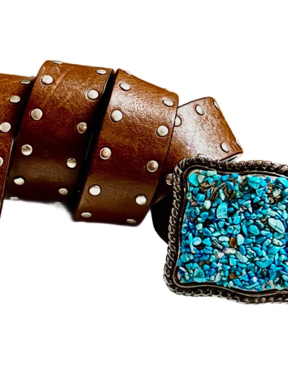 WCM ~ Medium ~ Italy ~ Brown Leather Brown Studded Belt W/ Faux Turquoise Buckle